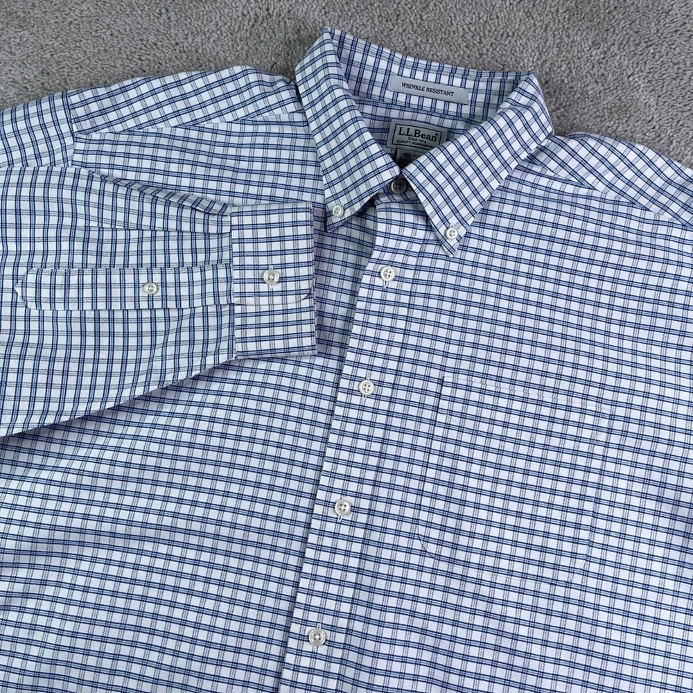 LL Bean Shirt Mens 17.5 37 Blue White Check Wrinkle Resistant Oxford Button Down